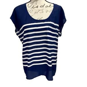 Joie Women's Silk Navy Blue & White Nautical Striped Blouse Pocket Top- Large